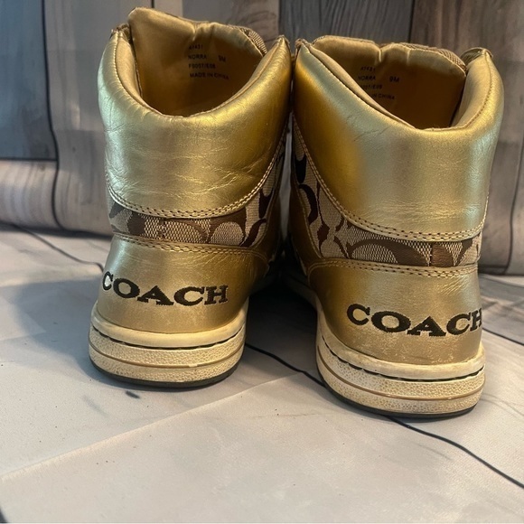 Coach Norra Gold Leather High Tops Sneakers Signature Print A1431 Size 9 - Picture 4 of 10